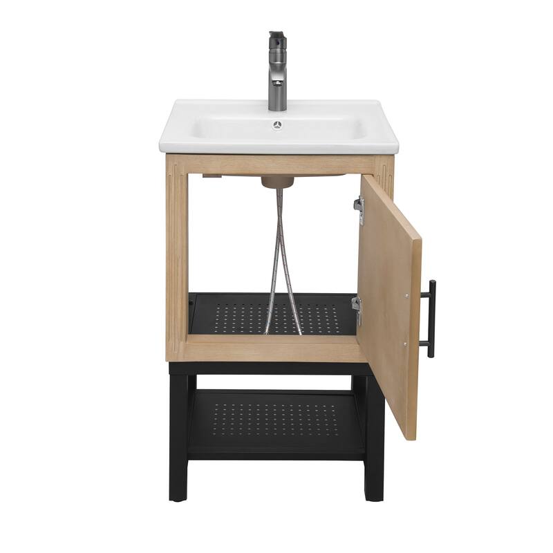 GDFStudio - CompactLine Modern Freestanding Bathroom Vanity with Ceramic Sink and Open Metal Shelf - 20 Inch