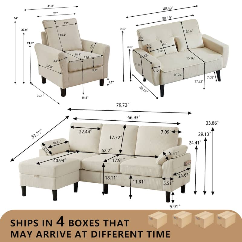 4-Piece Corduroy Living Room Sectional Sofa Set with Loveseat and Chair
