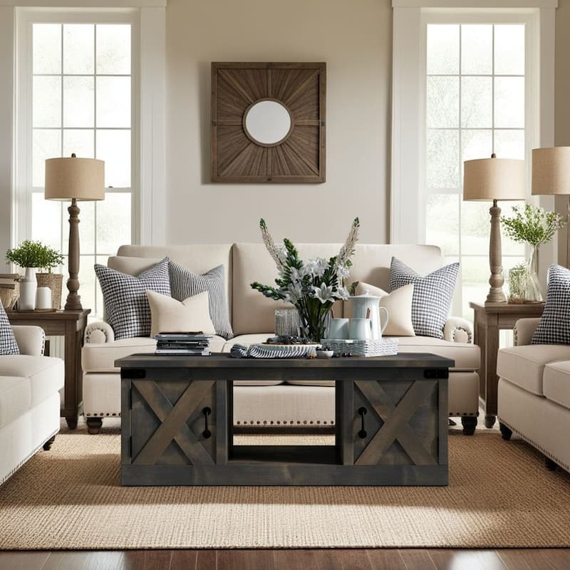 Bridgevine Home Farmhouse 48 inch Coffee Table, No Assembly Required, Barnwood Finish
