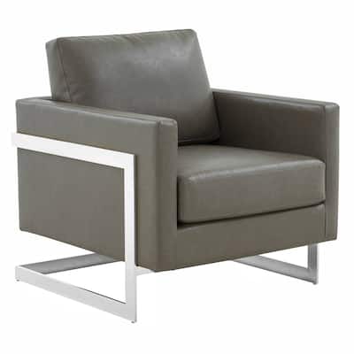 Lincoln Modern Boxy Leather Accent Single Seater Armchair with Padded Seat and Backrest and Stainless Silver Steel Frame