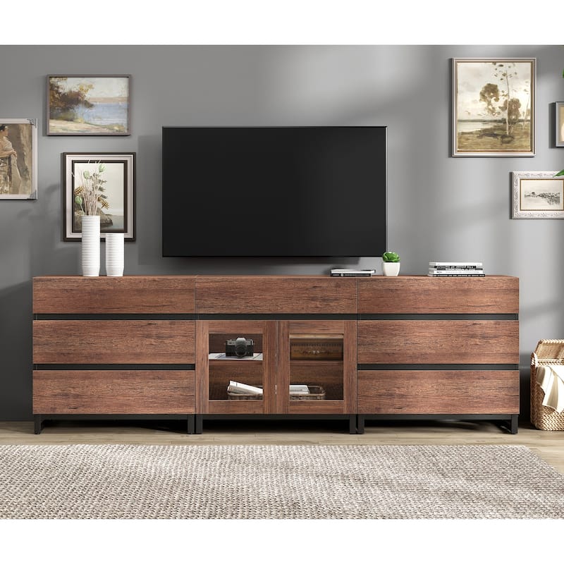 Modern TV Stand for Tvs Up to 100 Inch, 3 In 1 TV Console with Glass Doors and 7 Drawers for Living Room, Bedroom - 94.5 inches - Brown