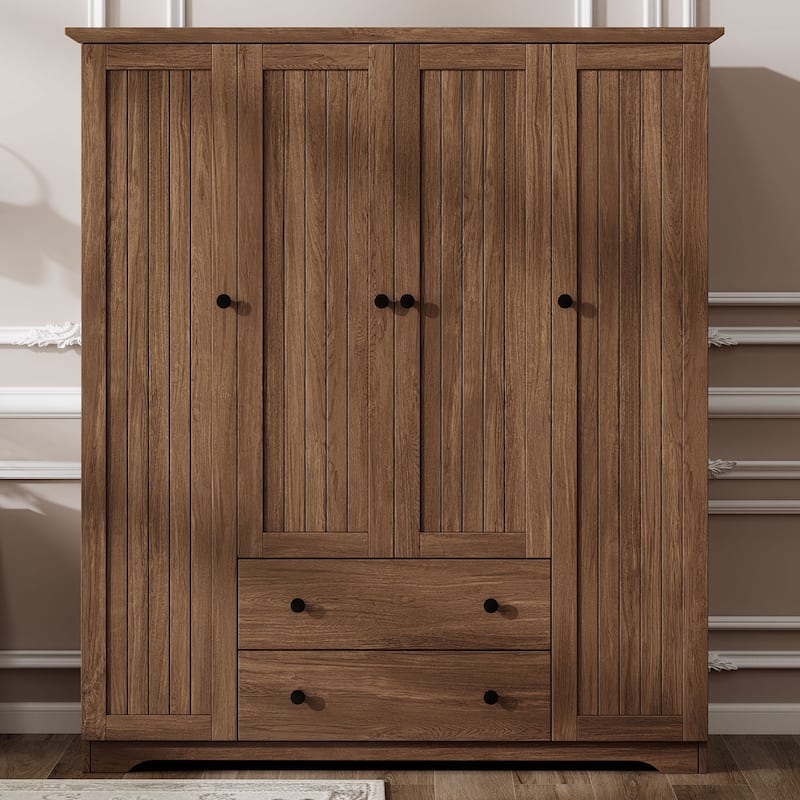 4-Door Wardrobe Armoire Closet with 2 Drawers, Brown Clothing Storage Cabinet Organizer with Hanging Rod