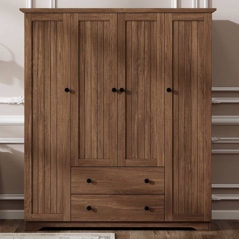 4 Door Wardrobe Armoire with Drawers & Hanging Rods, Large Clothing Storage Cabinet Bedroom Closet Organizer