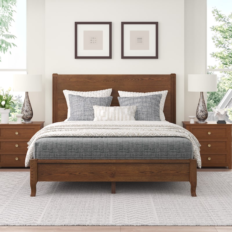 Solid Wood Panel Platform Bed with Headboard, Double Size Beds Wooden Rustic Bed Frame Bedroom Furniture - Walnut - Queen