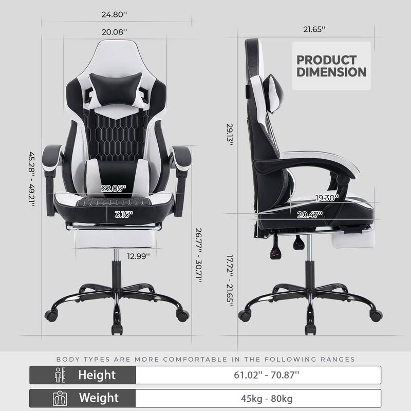 PVC Leather Gaming Chair with Footrest, Adjustable Headrest and Lumbar Support