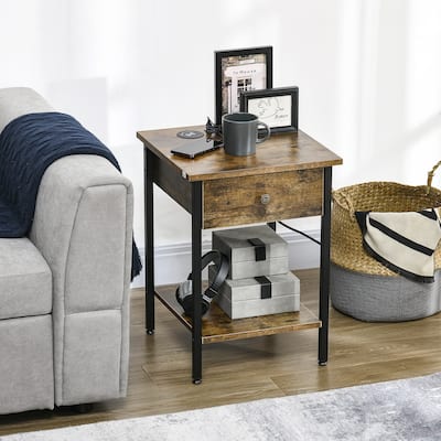Rustic Brown Wood Grain Coffee Table with Drawer, Shelf and USB Charging - 15.75" L x 15.75" W x 21.75" H