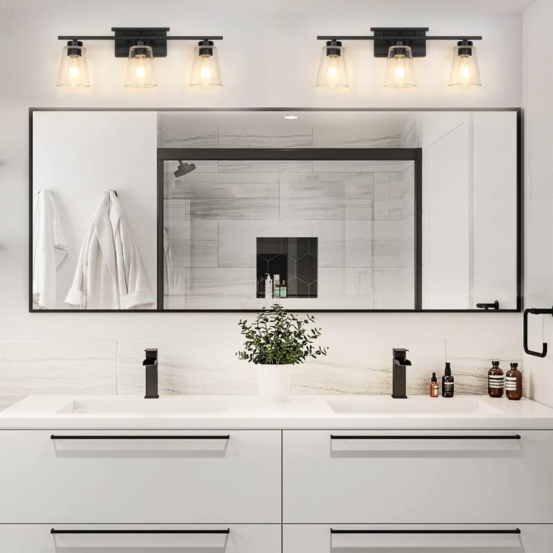 3-Light Modern Black Linear Cone Clear Glass Bathroom Vanity Light - 23.62 in. W x 7.09 in. D x 9.25 in. H