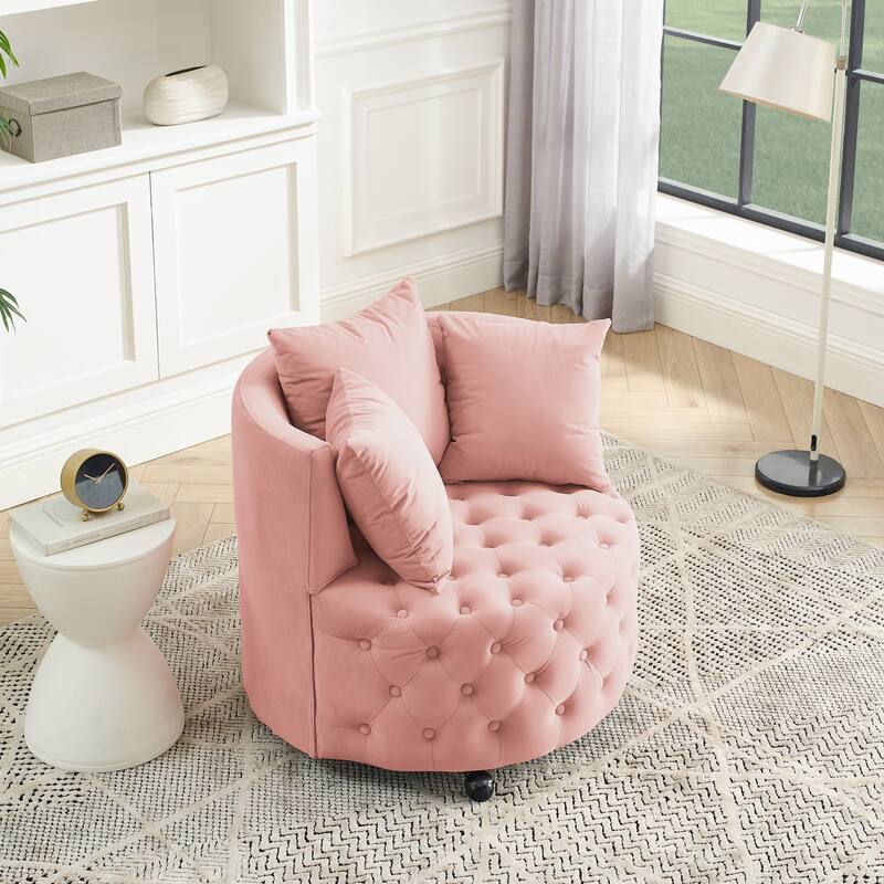 Pink Modern 30" Upholstered Swivel Button Tufted Accent Chair with Movable Wheels and 3 Pillows