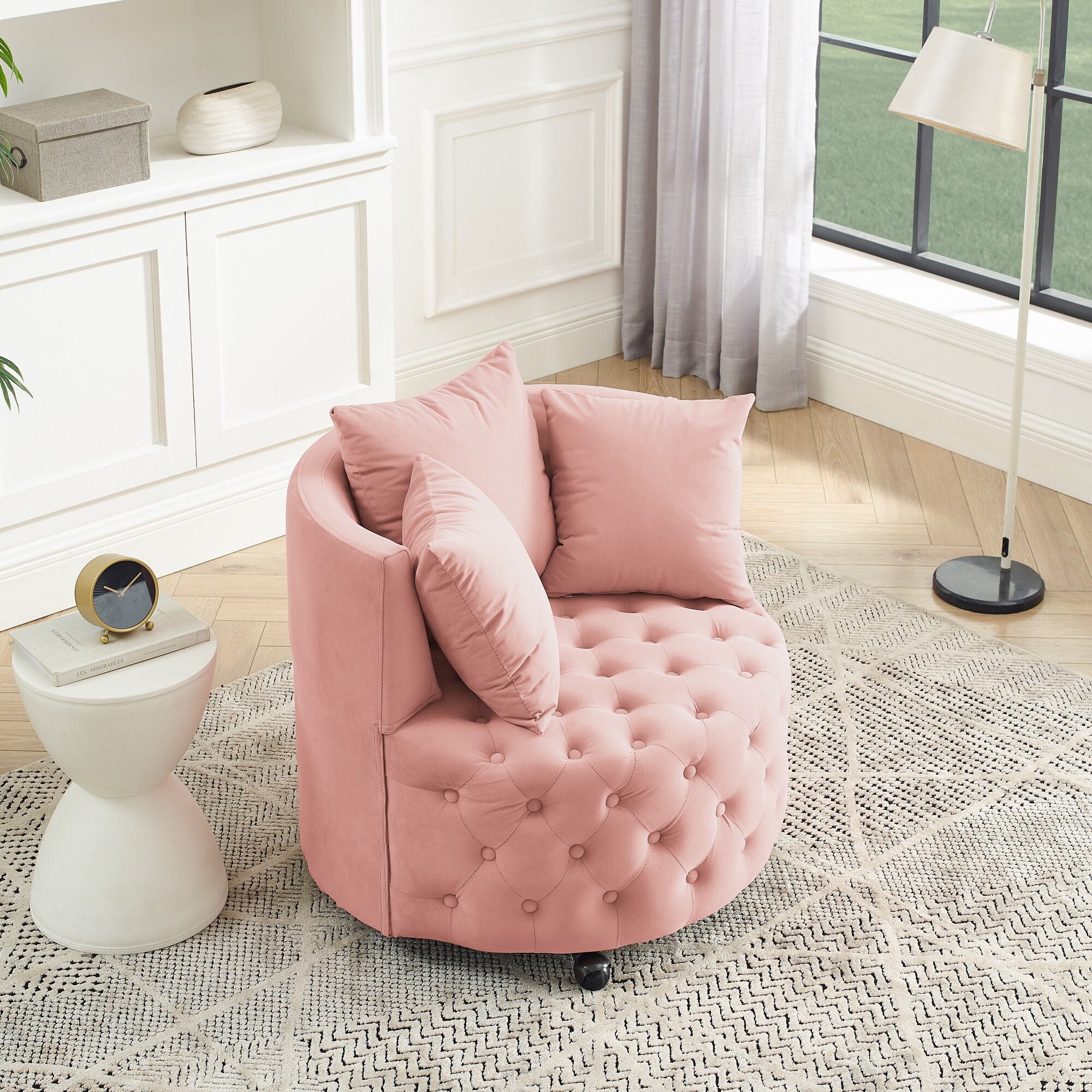 Velvet Swivel Chair Pink Corner Chairs with Movable Wheels 3