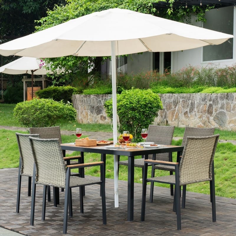 All Weather 7-Piece Patio Dining Table Sets, Patio Conversation Set Acacia Wood Table Top with Umbrella Hole