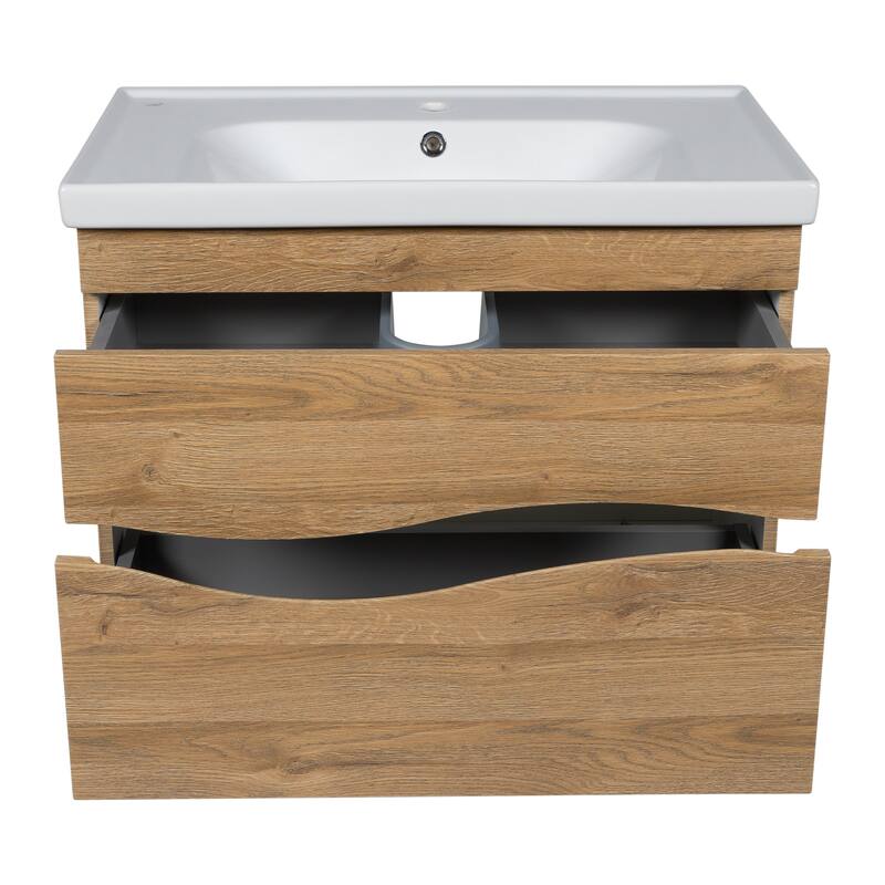 Modern Wall-Mounted Bathroom Vanity with Washbasin Wave Teak Natural Non-Toxic MDF-26"-Omega 24"