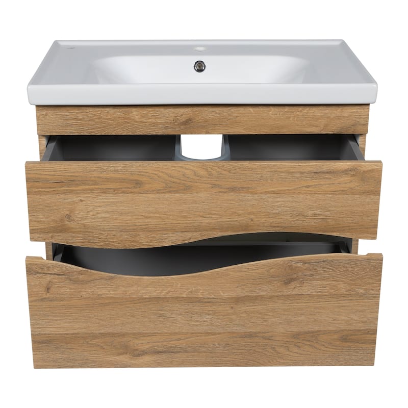 Modern Wall-Mounted Bathroom Vanity with Washbasin Wave Teak Natural Non-Toxic MDF-26"-Simple 24"