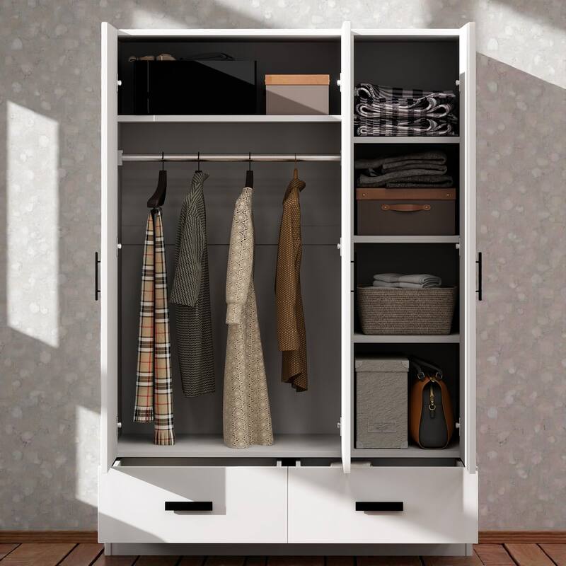 3 Door Wardrobe Closet with Drawers, Shelves and Hanging Rod, White Wooden Bedroom Armoire Storage Cabinet