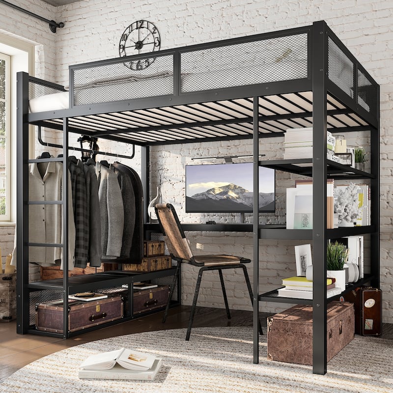 Queen Size Loft Bed with Storage Shelves, Metal Loft Bed with Clothes Hanging Rod and Desk, No Box Spring Needed Design, Black - Black