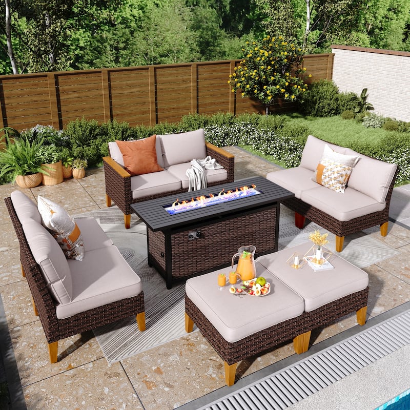 8-Piece Patio Outdoor Wicker Sectional Sofa Set, Large Seating Furniture Conversation Sets with Fire Pit Table - 8-Seat - Type M