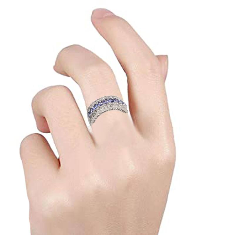 925 Sterling Silver Tanzanite And White Natural Zircon Band Ring