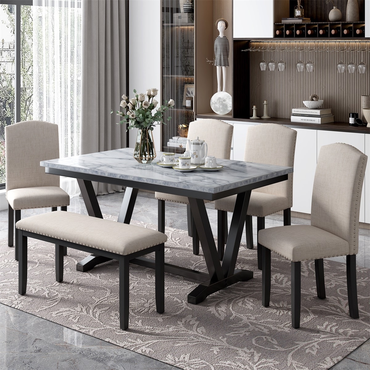 Dining room set with 2025 upholstered chairs and bench