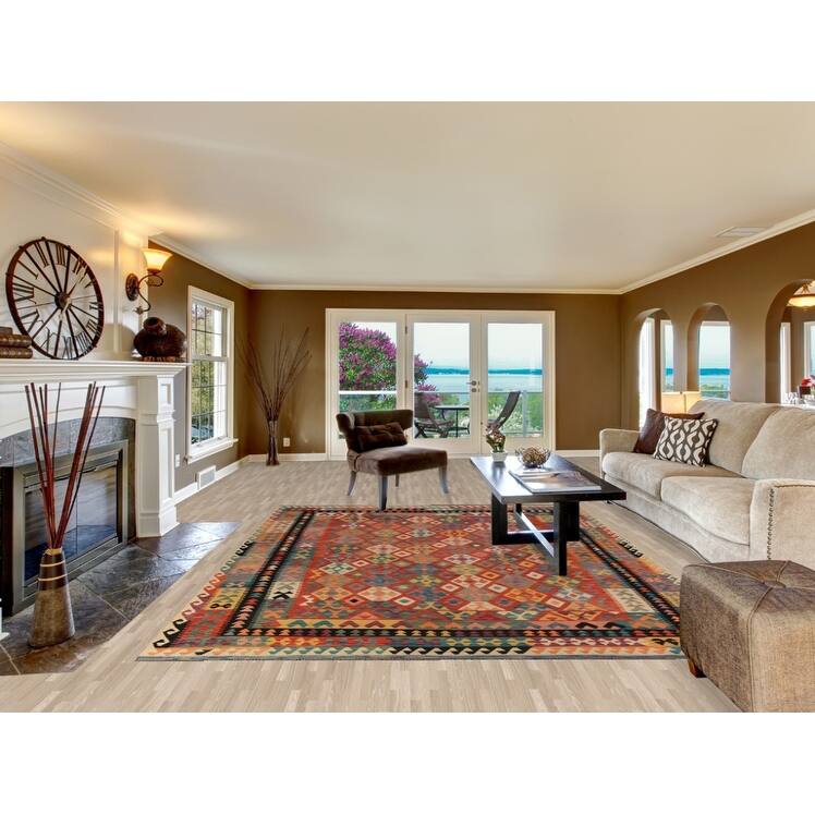 Geometric Kilim Reversible Area Rug Wool Carpet - 8'2"x 11'1"