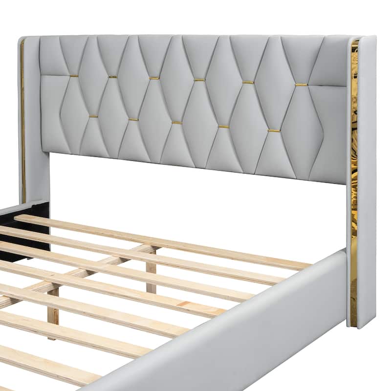 Modern Upholstered Platform Bed with Metal Strips