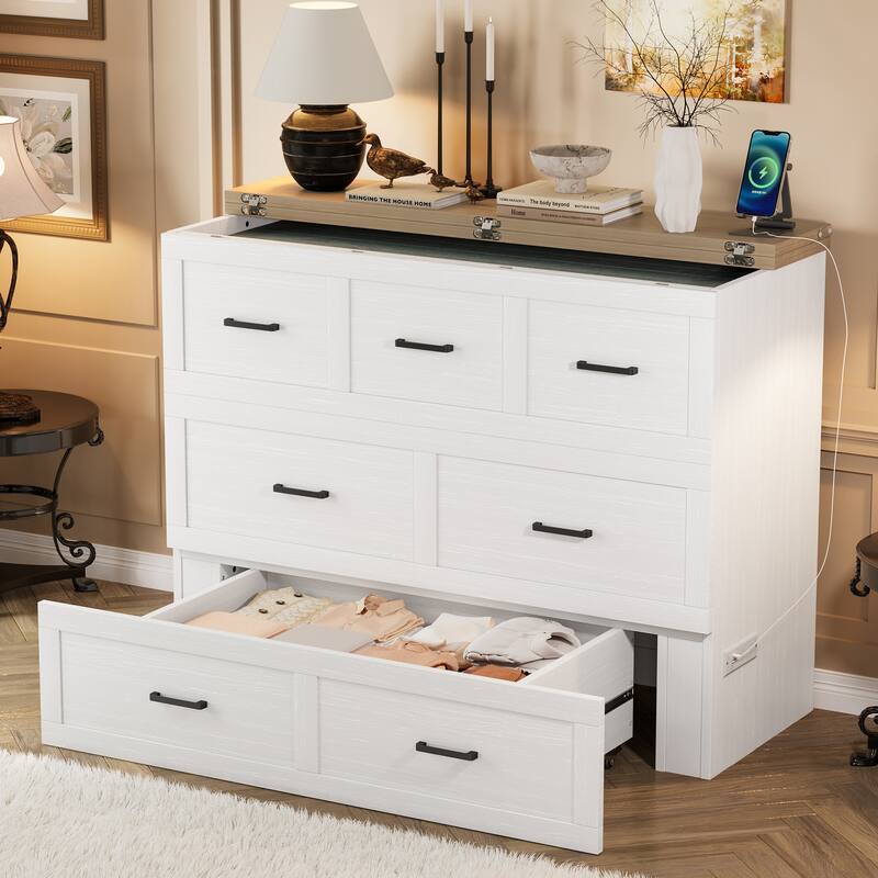 Queen/Full Size Murphy Cabinet Bed - Foldable Platform Bed with Charging Station & Large Storage Drawer