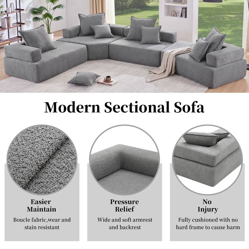 Boucle Fabric Oversized Modular Lounge Sofa Frame with 2 Pillows, No Assembly Required