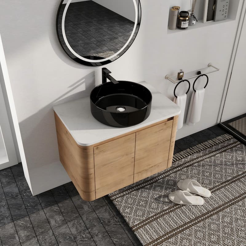 Malwee 24"/30" Floating Bathroom Vanity, Wall Mounted Bathroom Vanity with Ceramic Sink and Soft Close Door - 29.5"×18.5"×24.4" - Brown-Black with white patterns