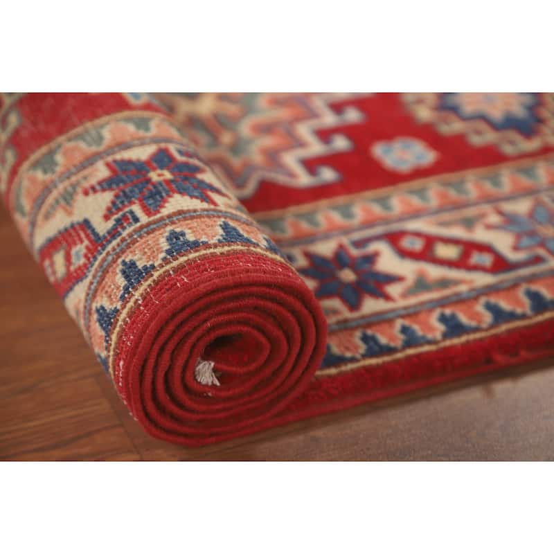 Geometric Red Kazak Runner Rug Hand-Knotted Wool Carpet - 2'9" x 8'0"