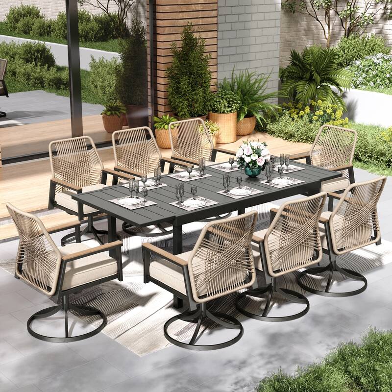 MAISON ARTS 7/9 Pieces Patio Dining Set with Extendable Table and Cushioned Woven Rattan Dining Chairs - 9PC - Swivel Chair