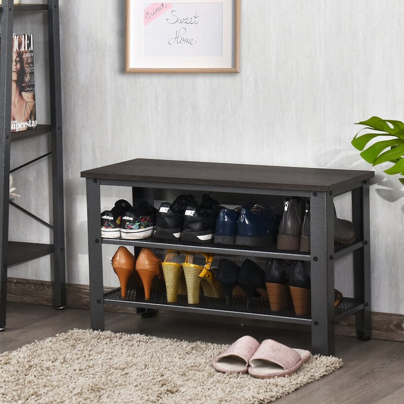 Gymax 3-Tier Shoe Rack Industrial Shoe Bench with Storage Shelves for