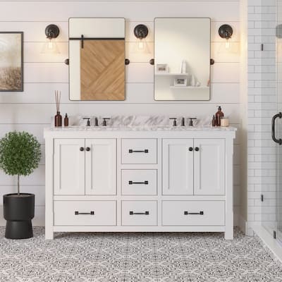 KitchenBathCollection Tuscany 60" Double Bathroom Vanity with Carrara Marble Top