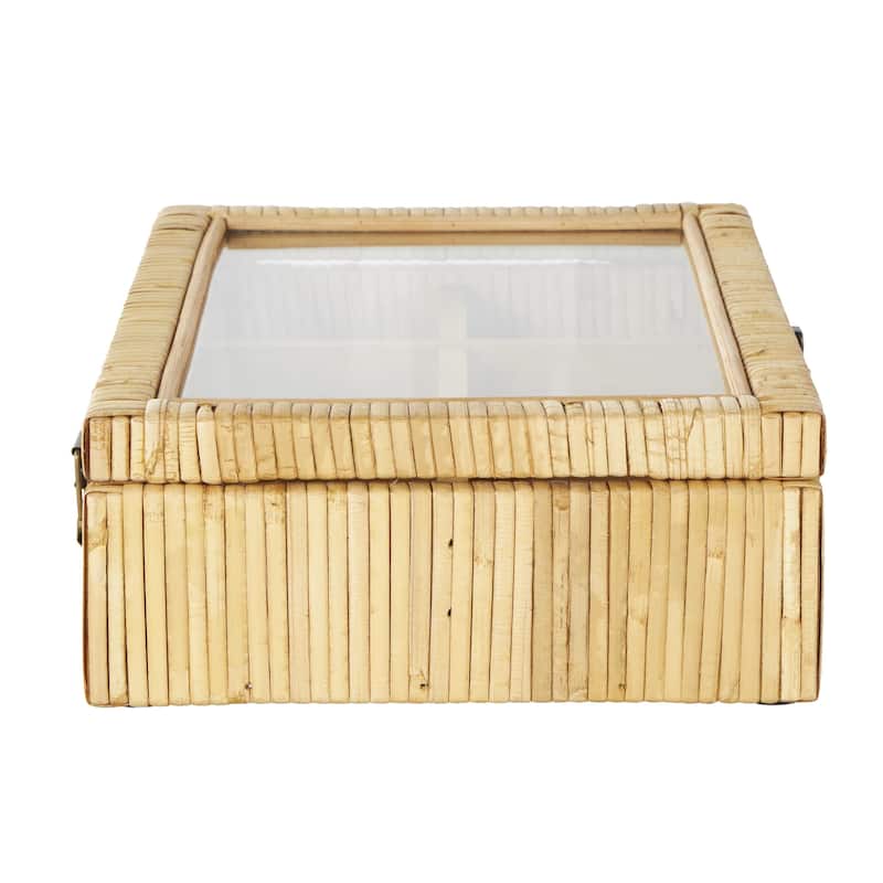 Rattan Handmade Wrapped 6 Slot Decorative Jewelry Box with Tempered Glass Top - Brown - Roche River Decor