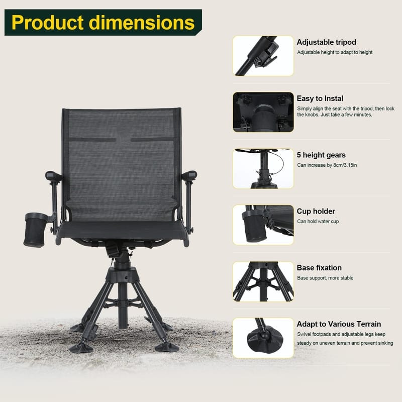 360 Degree Swivel Hunting Chair, Silent Adjustable Blind Seat with Armrests, Cup Holder, No-Sink Feet & Carry Strap