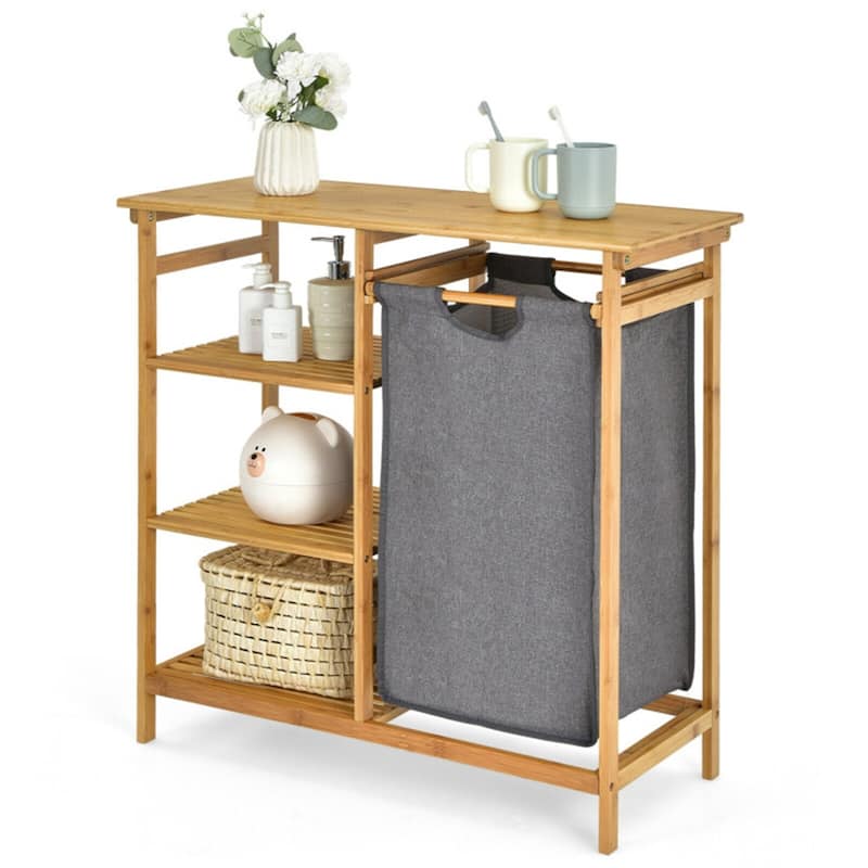 Natural Wicker Laundry Hamper Stand with Shelves & Removable Bag - 31.5" x 13.5" x 32" (L x W x H) - Brown