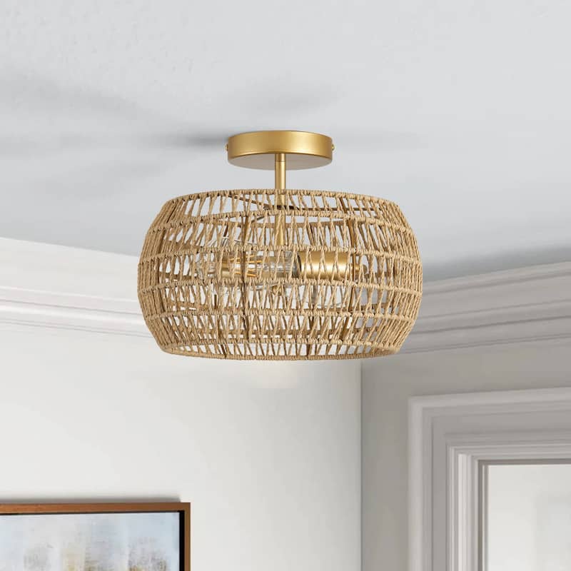 Farmhouse Painted Gold 2-Light Hand-woven Boho Semi Flush Mount Ceiling Light