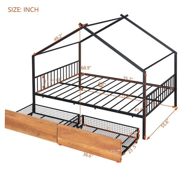 dimension image slide 0 of 2, Full Size Metal House Bed with Two Drawers & Roof