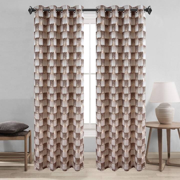 Noelle Checkered Geometric Jacquard Grommet Window Curtain Panel, 54x90 Inches - 54 x 90 Inches - Brown