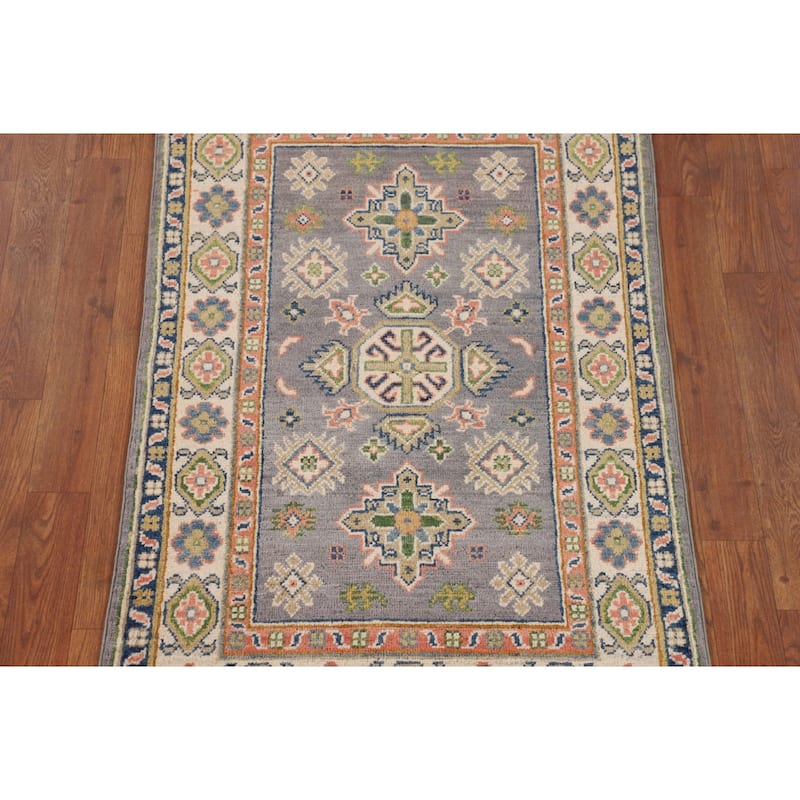 Gray Kazak Foyer Rug Hand-Knotted Geometric Wool Carpet - 2'7" x 4'2"