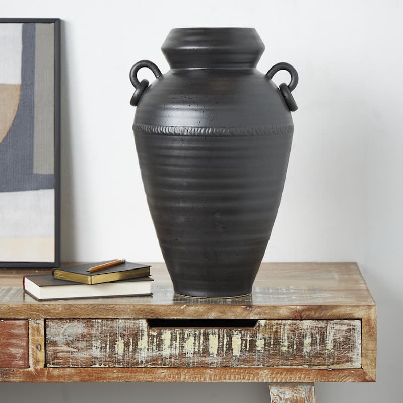 Ceramic Amphora Decorative Vase with Speckled Texture and Ring Handles - Black - Roche River Decor