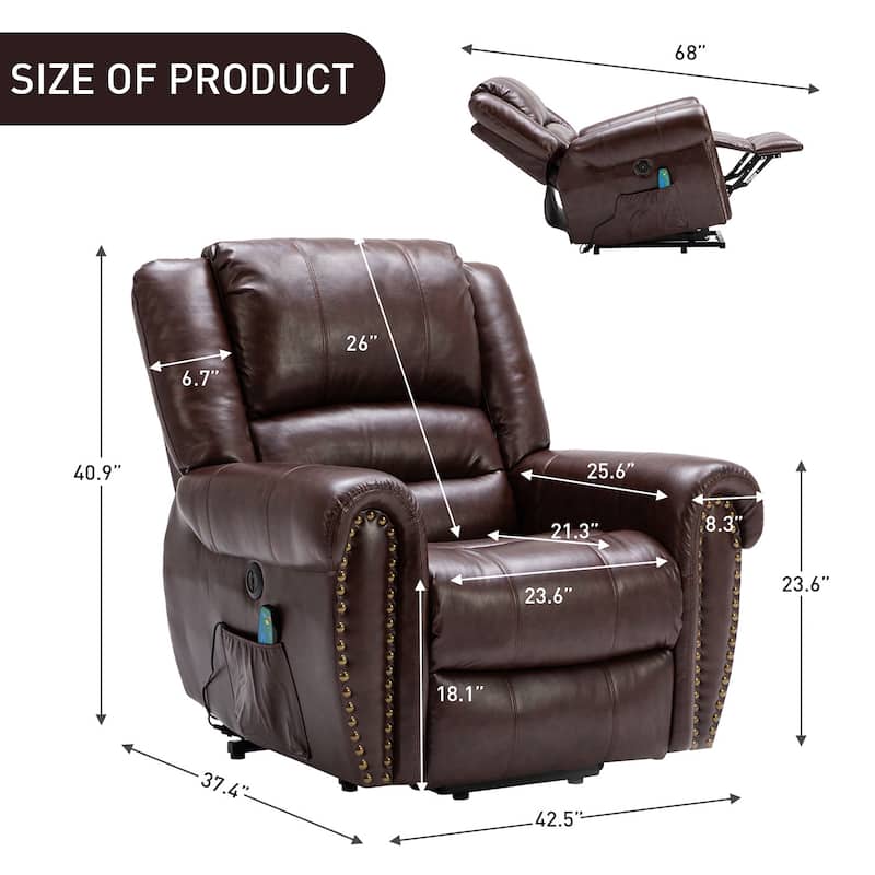 Breathable Faux Leather Rivet Power Lift Recliner Chair with Massage and Heat and USB Port