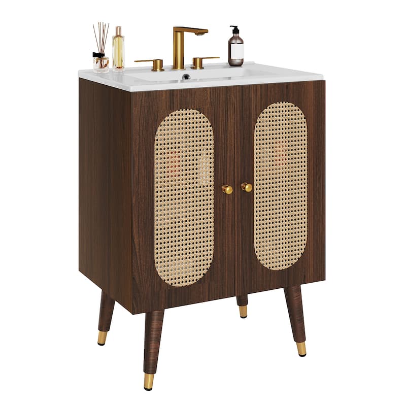 24" Rattan Boho Bathroom Vanity with Sink - Walnut