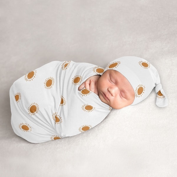 slide 2 of 6, White and Orange Boho Sun Baby Cocoon and Beanie Hat Sleep Sack 2pc Set Pumpkin Bohemian Desert Sunshine Nature Gender Neutral