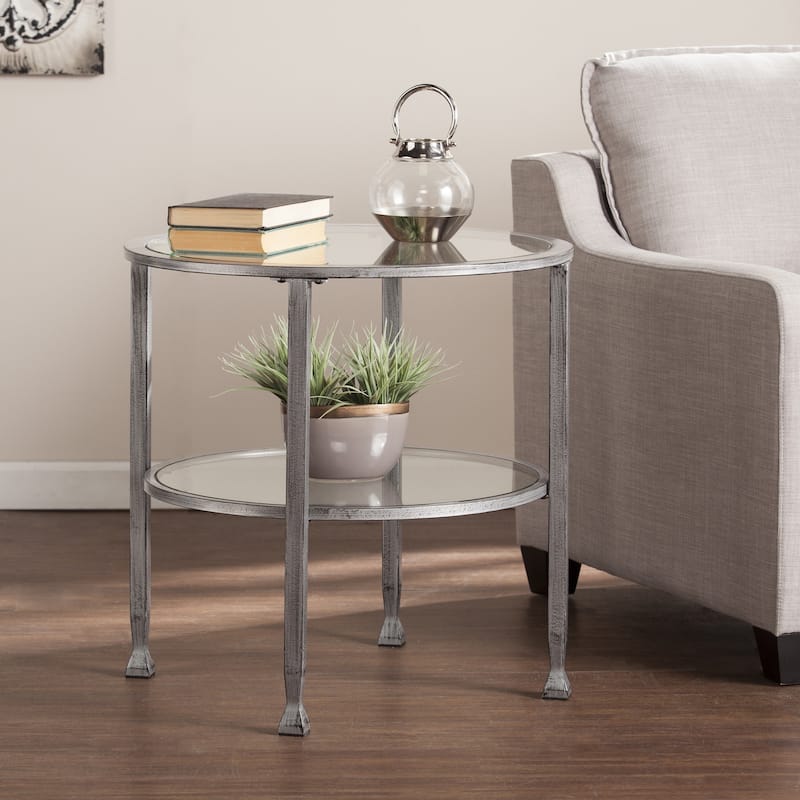 SEI Furniture Glenn Silver Metal Round Side Table with Shelf