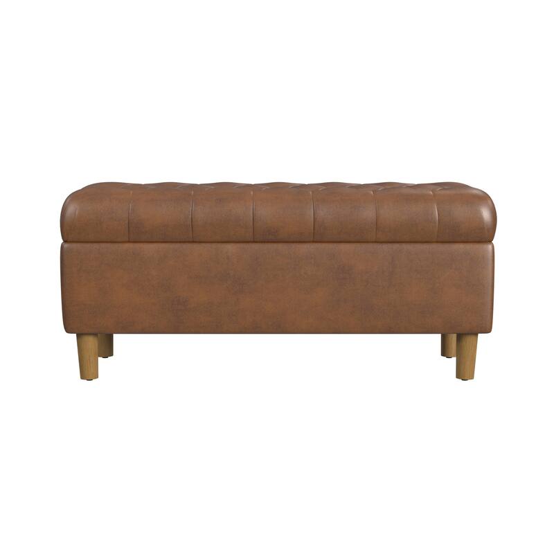 HomePop Button Tufted Top Storage Bench with Wood Legs - Brown Faux Leather