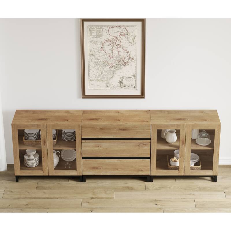 WAMPAT 3 in 1 Modern Sideboard with Glass Doors and 3 Drawers, Coffee Bar Cabinet for Kitchen