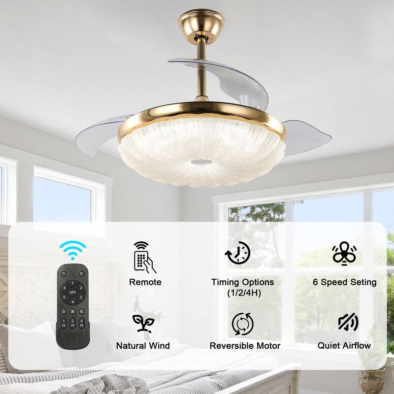 42" Black Modern Retractable Ceiling Fan with LED Light and Remote Control
