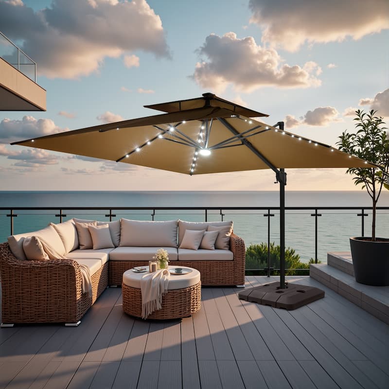 Outdoor Solar Powered LED Double Top Patio Cantilever Umbrella with Base Stand
