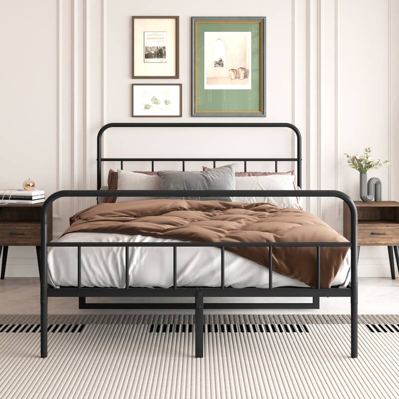 Metal Platform Bed with Wave Shape Wooden Headboard