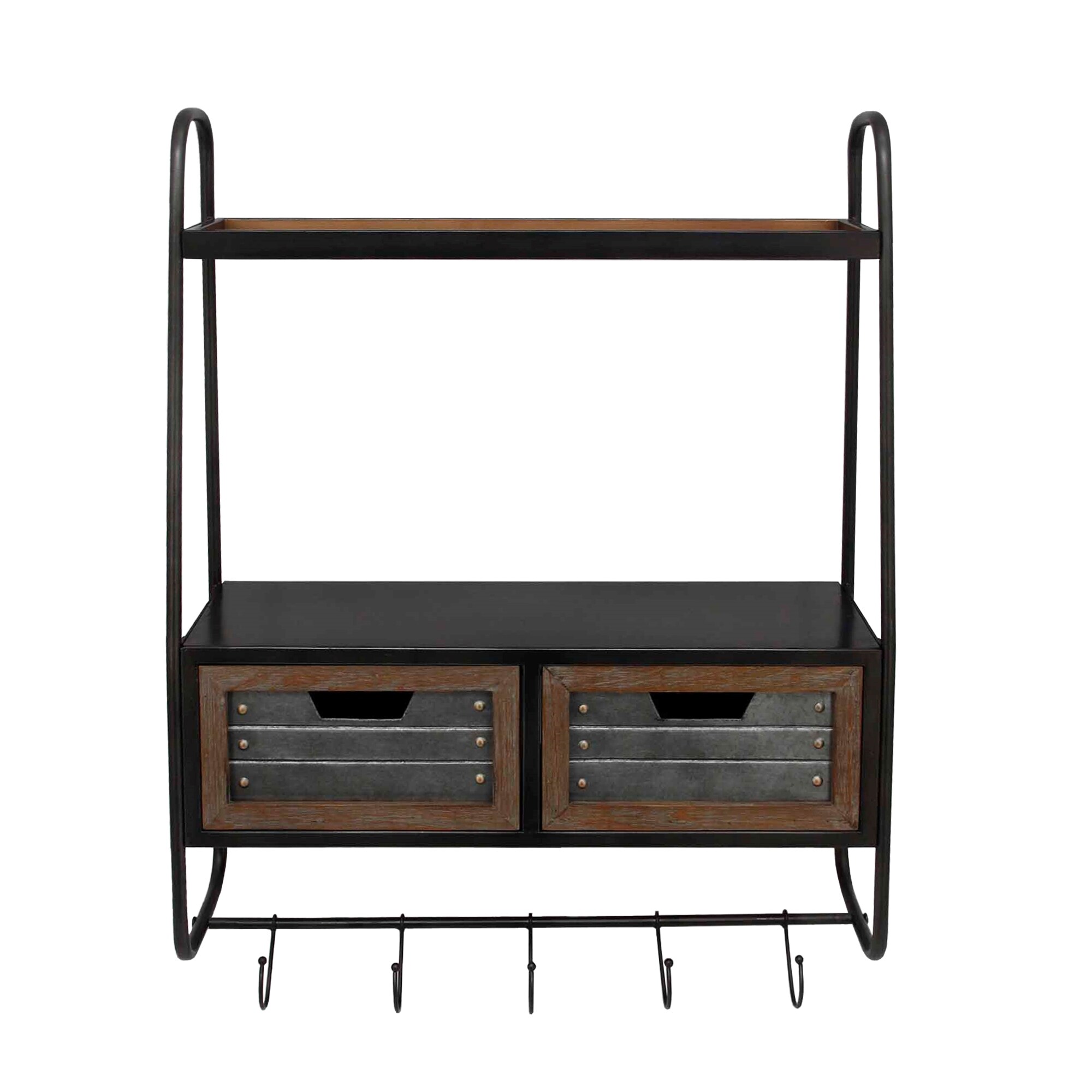 Shop Farmhouse Wall Mounted Metal And Wood Wall Shelf With 2 Drawers And 5 Hooks Brown And Black Overstock 31291944