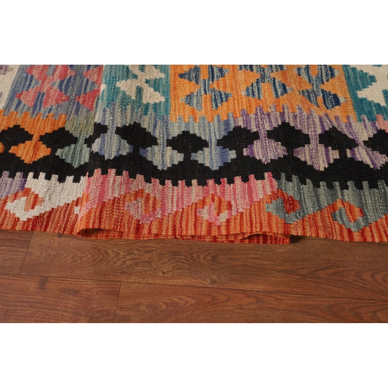 Geometric Kilim Oriental Area Rug Flatweave Orange Wool Carpet - 8'0" x 11'5"