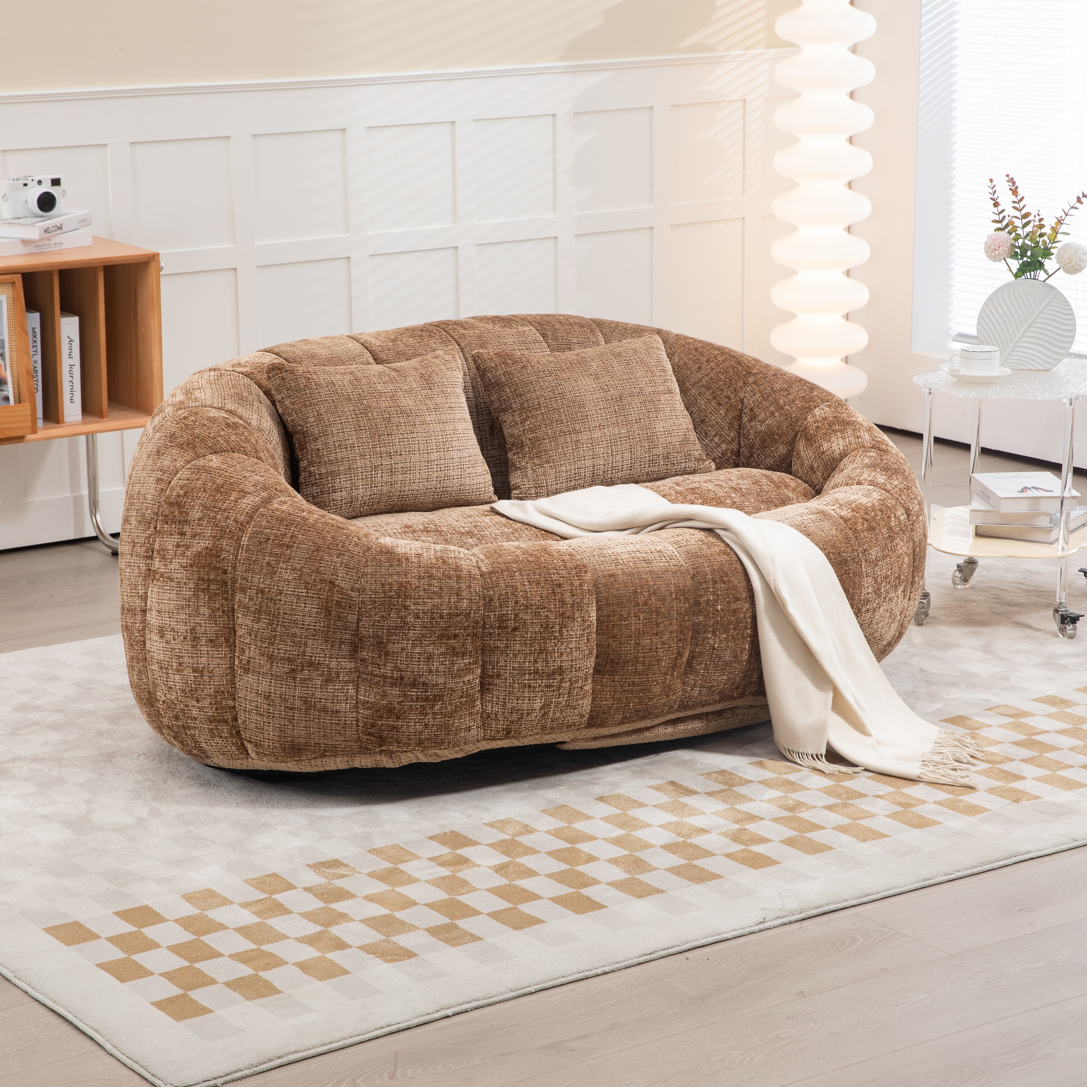 Coffee Chenille Bean Bag Loveseat Sofa with Memory Foam and